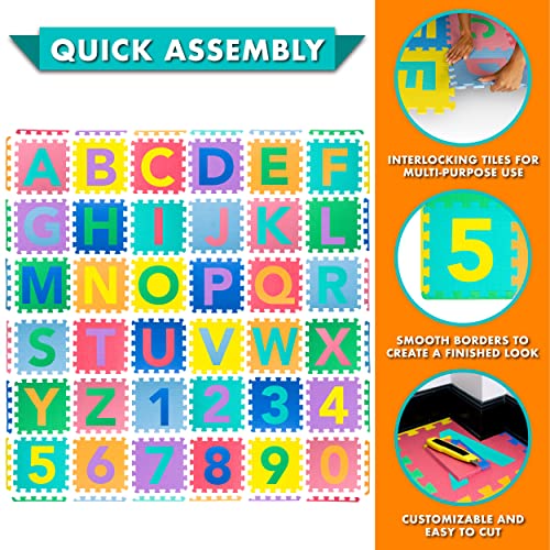 ProSource Kids Puzzle Alphabet, Numbers, 36 Tiles and Edges Play Mat, 12" by 12", Abc & 123 - style: ABC & 123