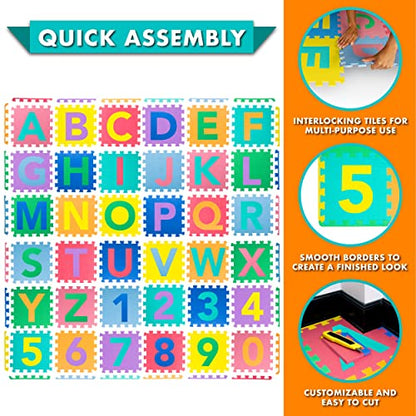 ProSource Kids Puzzle Alphabet, Numbers, 36 Tiles and Edges Play Mat, 12" by 12", Abc & 123 - style: ABC & 123