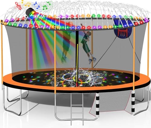 1500LBS 10FT 12FT 14FT 16FT Trampoline for Kids Adults with Basketball Hoop, Enclosure Net, Sprinkler, Lights, Disco Ball with Music Speaker, Heavy Duty Trampoline Outdoor Trampolines - color: Orange - 16FT