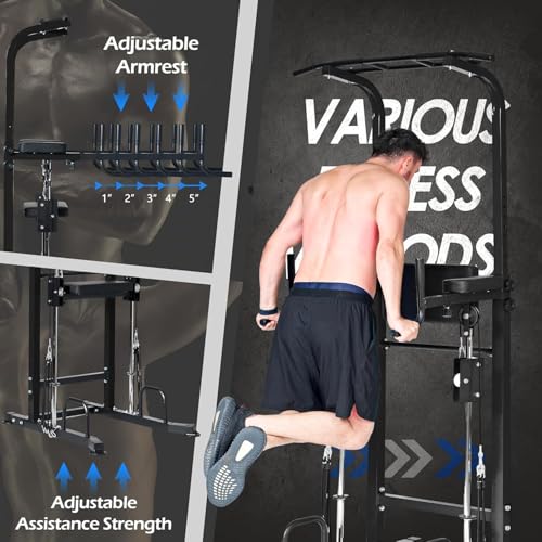 Dland Power Tower Dip Station Pull Up Bar Exercise Tower, Multifunctional Adjustable Height Training Equipment for Home Gym, Free Standing Assisted Fitness Workout Pullup Rack Station Machine - color: Black