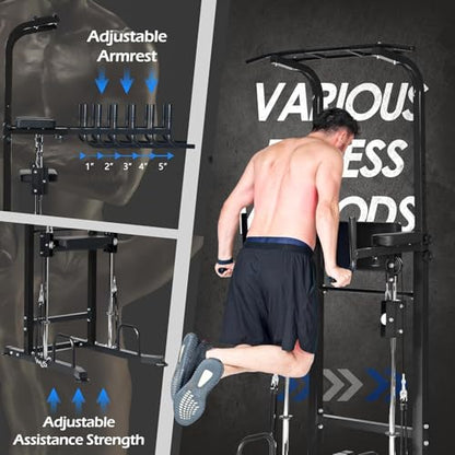 Dland Power Tower Dip Station Pull Up Bar Exercise Tower, Multifunctional Adjustable Height Training Equipment for Home Gym, Free Standing Assisted Fitness Workout Pullup Rack Station Machine - color: Black