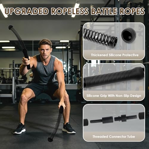 Ropeless Battle Ropes, 2-in-1 Weighted Cordless Battle Ropes for Home Gym, Portable Workout Exercise Equipment for Strength Building, Low-Impact Cardio Training and HIIT for Men & Women, Black