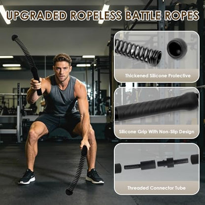 Ropeless Battle Ropes, 2-in-1 Weighted Cordless Battle Ropes for Home Gym, Portable Workout Exercise Equipment for Strength Building, Low-Impact Cardio Training and HIIT for Men & Women, Black
