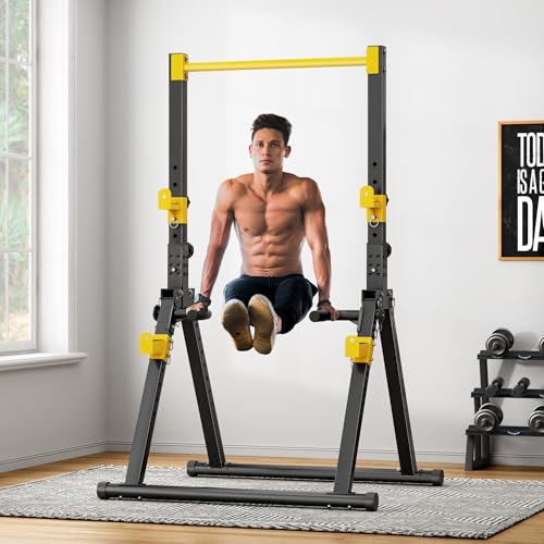 soges Foldable Power Tower, Pull Up Dip Station for Home Gym, 500 LBS Capacity Power Tower with Triangular Design, Adjustable Height Pull Up Bar for Full Body Workout - color: Yellow