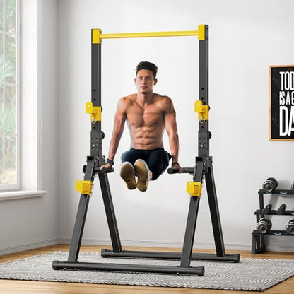 soges Foldable Power Tower, Pull Up Dip Station for Home Gym, 500 LBS Capacity Power Tower with Triangular Design, Adjustable Height Pull Up Bar for Full Body Workout - color: Yellow