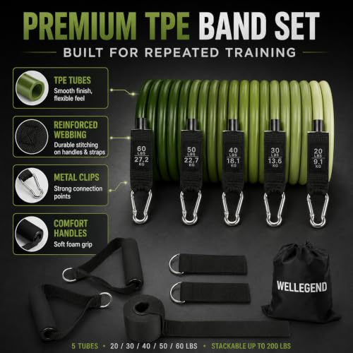 Resistance Bands Set, 200 LBS Stackable 5-Tube Set with Handles, Door Anchor and Ankle Straps for Full-Body Strength Training