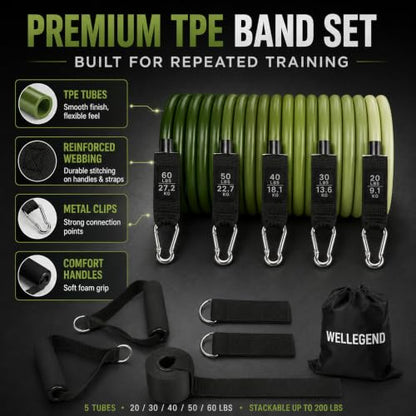 Resistance Bands Set, 200 LBS Stackable 5-Tube Set with Handles, Door Anchor and Ankle Straps for Full-Body Strength Training