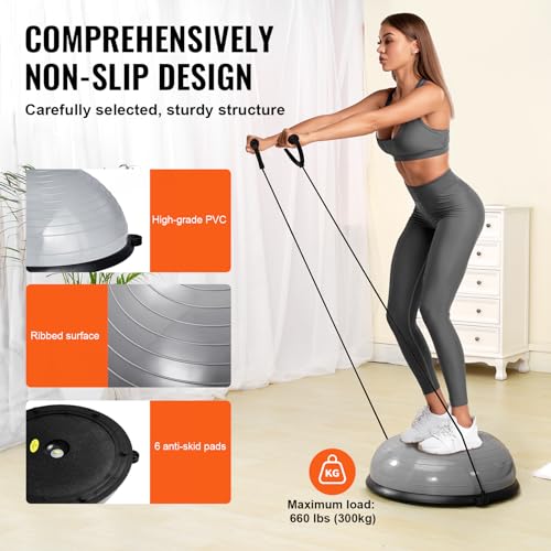 VEVOR Half Exercise Ball Trainer, 23/26 inch Balance Ball Trainer, 1500lbs Capacity Stability Ball, Yoga Ball with Resistance Bands & Foot Pump, Strength Fitness Ball for Home Gym Full Body Workout - color: 23" Ripple Gray