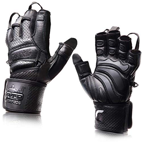 Elite Leather Gym Gloves with Built in 2" Wide Wrist Wraps Grip & Design for Weightlifting Power Lifting Bodybuilding & Strength Training Workout Exercises