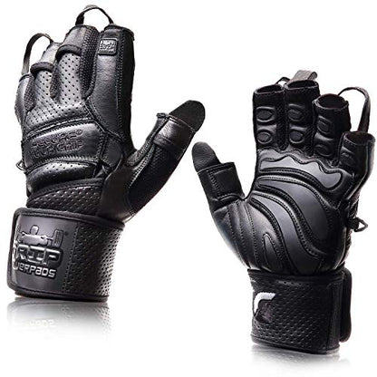 Elite Leather Gym Gloves with Built in 2" Wide Wrist Wraps Grip & Design for Weightlifting Power Lifting Bodybuilding & Strength Training Workout Exercises