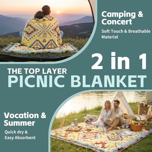 2 in 1 Extra Large Camping Blanket Outdoor Rug Picnic Yoga Mat Lightweight Car Essential Roadtrip Gadget Rv Accessories Glamping Gear Must Haves Hiking Stuff Backpacking Necessities Women Beach Gift - color: Boho Yellow