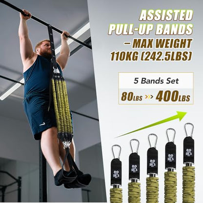 Pull Up Assistance Bands with Foot Support Pedal - Upgraded Heavy Duty Resistance Bands Adjustable Weight/Height with 80Lbs Bands&Measured Strap for Strength Training Home Gym