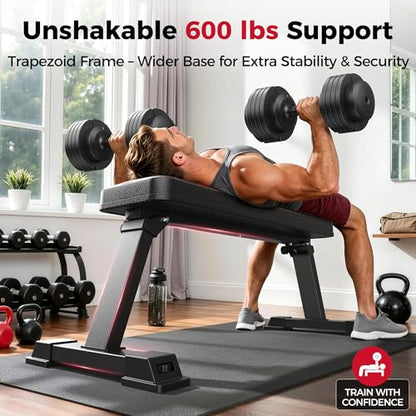 FLYBIRD Foldable Flat Weight Bench for Home Gym, 600/1000 lbs Capacity with Dual Locking for Strength Training, Easy Setup & Storage for Small Apartments, Lifting, Hip Thrust, Dumbbell Workout