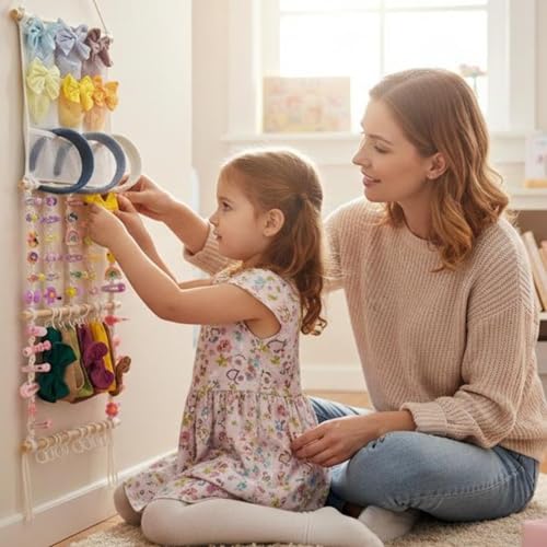 Hair Bows Organizer for Girls, Headband Holder | Hair Accessories Hanger, Cotton Rope, 9 Mesh Pockets & 20 Hooks, Large Capacity, Wall-Mounted Clip Storage, 41x15 in, Boho