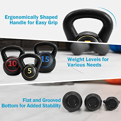 Goplus 3 Pieces Kettlebell Set, 5, 10, 15 lbs HDPE Coated Concrete Fitness Kettle Bells w/Easy Grip Wide Handle, Home Gym Exercise Weights HIIT Workout, Weightlifting, Strength Training, Conditioning