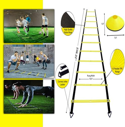 Agility Ladder Set 20ft, 4 Hurdles, 12 Soccer Cones, Jump Rope & Running Parachute - Speed Agility Training Equipment for Soccer Fitness Kids Youth Adults - color: Yellow