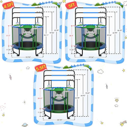 YORIN Trampoline for Kids 66'' 60'' 55'' Toddler Mini Small Outdoor Indoor Trampoline W Basketball Hoop, Swing, Adjustable Gymnastics Bar, Gift for Baby, Toddlers & Kids