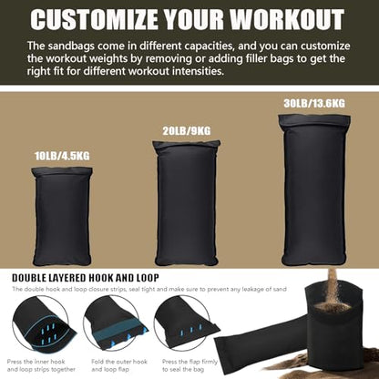 Workout Sandbag, Adjustable Weight Training Fitness Sand Bags with Multiple Handles and 3 Inner Sandbags for Heavy Duty Workout Cross Training Strength Weightlifting
