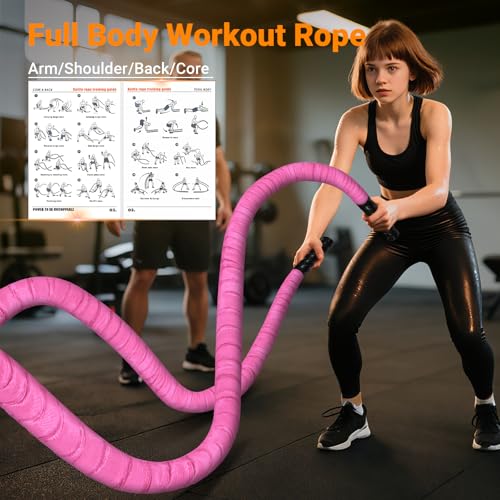 Battle Ropes for Home Gym 1 Inch Diameter 30FT Length Workout Rope Exercise Rope Training Ropes with Protective Sleeve for Kids Men Women Exercise Fitness & Strength Training-Pink - style: 1IN -30FT - Pink