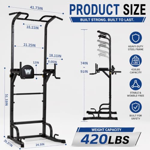 BARWING Pull Up Bar Station, Power Tower, Dip Station with 3D Backrest, Multi-Function Strength Training Stand Rack, Adjustable Height Dip Bar for Home Gym Workout Stand Fitness Exercise Equipment