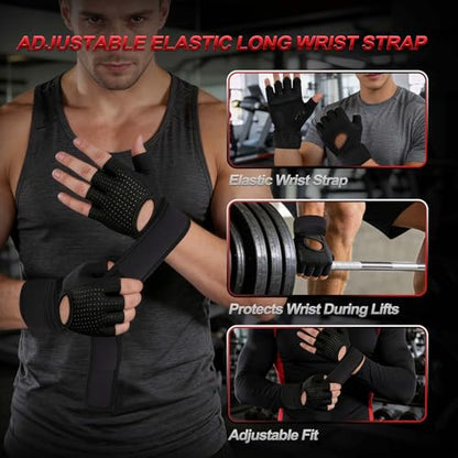 Weight Lifting Gloves for Men Women, Workout Gloves with Wrist Wrap Support, 5MM SBR Palm Padding, Half Finger Breathable Gym Gloves with Non-Slip Grip for Weightlifting, Training, Pull Ups
