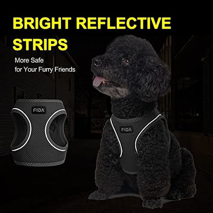 Fida Comfy Dog Harness with Leash, Soft Puppy Vest Escape Proof, Breathable Lightweight Soft Mesh, Adjustable Reflective Step-in Harness for Cat & Extra-Small Pet (XS, Black) - color: Black, size: XS (Neck:12.2"-13"; Girth:14.2"-16.1")