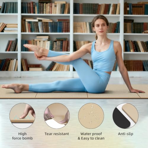 Foldable TPE Yoga Mat Thick 10mm,75" x40"Extra Large Exercise Mats - color: Beige