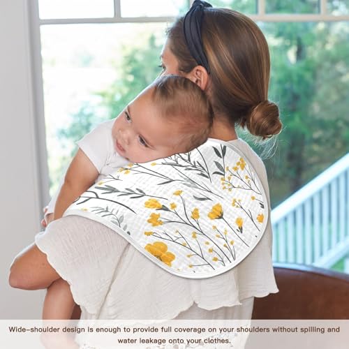 Yellow Flowers Muslin Burp Cloths 4 Pack - Extra Large 22"x11", 4-Layer Soft Absorbent Cotton, Waterproof Backing, Baby Drool Rags for Newborn