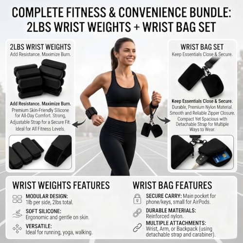Black Sports Set, Men's and Women's Wrist and Ankle Weights Bracelet (L 7*W 3*H 1.2 inch) + Portable Wrist Bag (L 7.9*W 3.5*H1.4 inch)