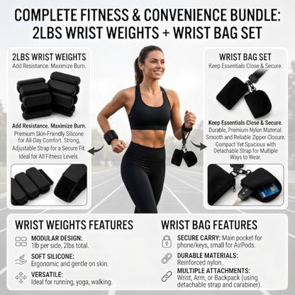 Black Sports Set, Men's and Women's Wrist and Ankle Weights Bracelet (L 7*W 3*H 1.2 inch) + Portable Wrist Bag (L 7.9*W 3.5*H1.4 inch)