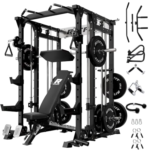 RitFit Buffalo Smith Machine, Power cage with LAT-Pull Down System & Cable Crossover System, All-in-One Squat Rack for Home Gym, Power Rack - color: BLACK, size: Package(With BP370)