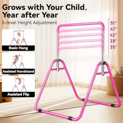 Kids Gymnastics Bar Gymnastic Equipment for Home Adjustable Height Gymnastic Training Bar Gymnastic Stuff for 3-7 Years Old Girls - color: Basic- Pink