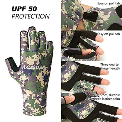 BASSDASH ALTIMATE UPF 50+ Sun Protection Fingerless Fishing Gloves Men - color: Jungle Camo, size: X-Large