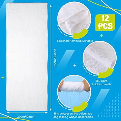 12 Pcs Microfiber Workout Gym Towels, 360 GSM 12x30 Inch Fast Drying Yoga Towels for Sweat, Soft Gym Towel for Men Women Travel Sports(White)