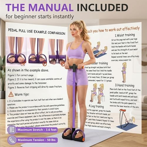 Pedal Resistance Band with Handles, Purple, Upgraded 6-Tube | Pedal Puller for Home Workouts, Full-Body, Core Strength, Arm Training and Leg Exercises