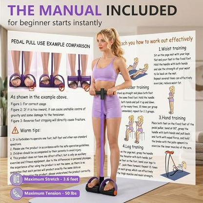Pedal Resistance Band with Handles, Purple, Upgraded 6-Tube | Pedal Puller for Home Workouts, Full-Body, Core Strength, Arm Training and Leg Exercises