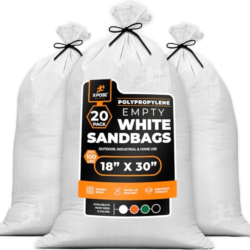 Xpose Safety Heavy Duty Sand Bags with Tie Strings – Empty Woven Polypropylene Sandbags for Hurricane Flood Protection, 100 lb Capacity, 18" x 30", White, Pack of 20 - size: 20 Sandbags
