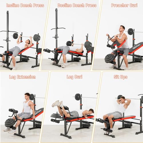 Multi-Function 8 in 1 Foldable Weight Bench Set with Leg Extension/Squat Rack, Adjustable Bench Press for Home Gym.（US Stock） - color: light red