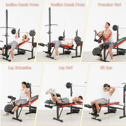 Multi-Function 8 in 1 Foldable Weight Bench Set with Leg Extension/Squat Rack, Adjustable Bench Press for Home Gym.（US Stock） - color: light red