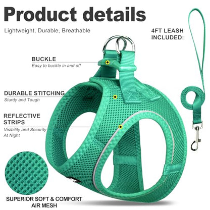 Fida Cat Harness and Leash Set for Walking Kitten and Puppy, Escape Proof Kitten Harness with Breathable Lightweight Soft Mesh, Adjustable Reflective Step-in Design. (XXS, Green) - color: Turquoise, size: XXS (Neck:11.4"-12.2"; Girth:12.6"-14.2")