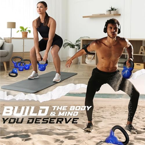 Yes4All Kettlebell, 5-100 LB Vinyl Coated Cast Iron Strength Training Kettlebells for Home Gym Exercises, Fitness, Full Body Workout Equipment, Push Ups, and Grip Strength - color: E. 25LB - Dark Blue, style: Vinyl Coated - Pair