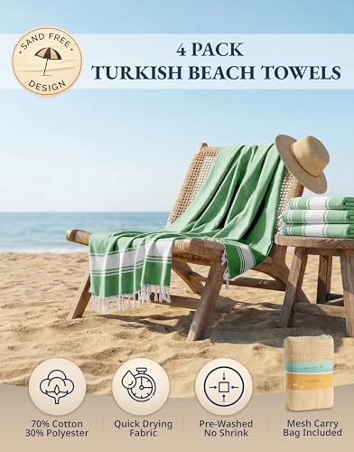 LANE LINEN Large Turkish Towel Set of 4 – Pre-Washed Pool Towels, Extra Large, Quick Dry & Sand Free, Fast Drying Lightweight Travel Towels, 39"x71" – Jade Green - color: 11: Jade Green, size: Pack of 4