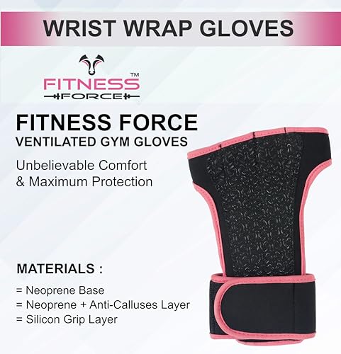FITNESS FORCE Ventilated Weightlifting Gloves Workout Gloves for Men & Women with Built-in Wrist Wraps Fingerless Gym Gloves for Men Perfect for Exercise Fitness, Weight Lifting