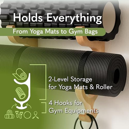 Wooden Yoga Mat Holder Wall Mount - Yoga Mat Storage Rack - Home Gym Equipment Storage & Organizer - Resistance Band Wall Mount - Home Gym Accessories Wall Rack - Workout Storage Organizer