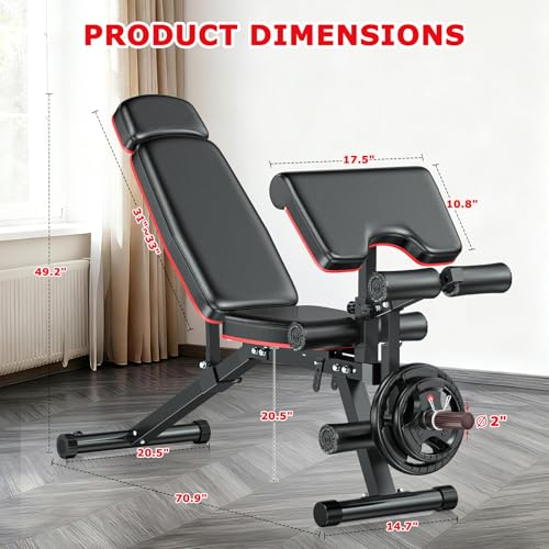 XDDIAS Workout Bench, Adjustable Weight Bench with Leg Extension and Leg Curl, Extended Headrest, 900LBS Preacher Curl Bench Incline Decline Flat Workout Bench for Home Gym Full Body Exercise