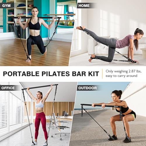 Pilates Bar Kit with Resistance Bands, Pilates Workout Equipment for Legs, Hip, Waist, Arm, Squats Exercise Equipment for Home Workouts, Adjustable 3-Section Pilates Bar Kit for Women & Men