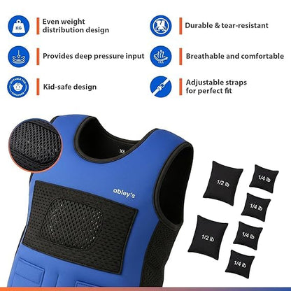 abley's Children's Sensory Weighted Vest for Children with Sensory Issues, Autism, ADHD | Adjustable Therapeutic Support | Compression Vest | Includes 6 Removable Weights | Blue, Large