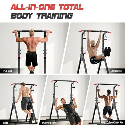 Foldable Pull Up Bar Free Standing Power Tower, 82.9" Adjustable Height Dip Station for Home Gym, Heavy Duty Alloy Steel Strength Training Equipment with Resistance Straps, 350LBS Capacity