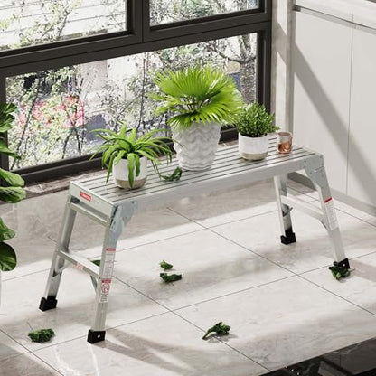 Folding Aluminum Work Platform & Heavy Duty Platform Step Ladder for Home, Portable Aluminum Step Stool & Aluminum Bench with Non-Slip Rubber Feet,225lbs (with No-Telescopic Legs)