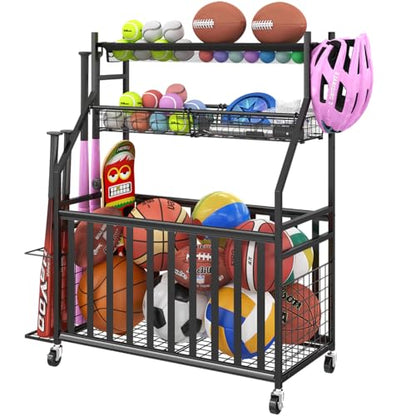 Jsskeeim Garage Sports Equipment Organizer,Sports Ball Organizer with Wheels,Mesh Pocket, Basket,Ball Organizer with Baseball Bat Rack and HooksToy Storage Rolling Cart-Black - style: 01